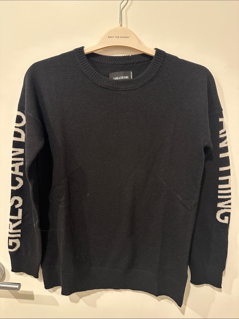NEW Zadig & Voltaire Gaby Cashmere Wool Sweater Girls Can Do Anything Black SM